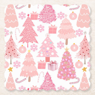 Pink Christmas Trees Pattern Paper Coaster