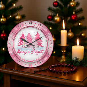 Pink Christmas Trees Round Holiday Design Large Clock