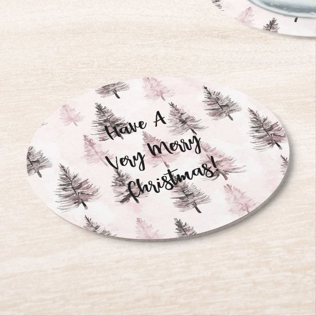 Pink Christmas Trees Round Paper Coaster (Angled)