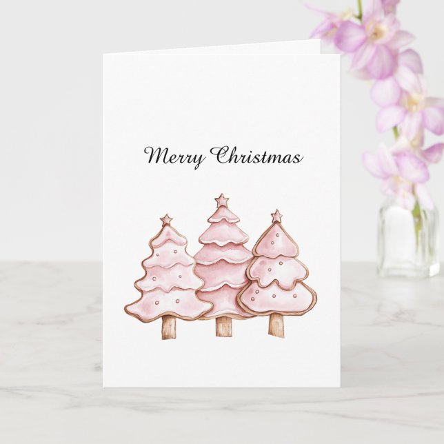 Pink Christmas Trees with Gold Stars Card (Orchid)
