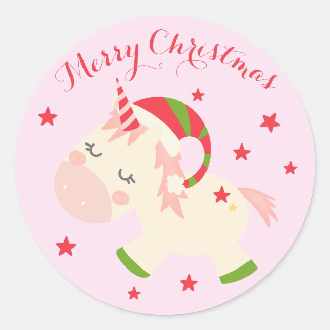 Pink Christmas Unicorn Holiday Personalized Classic Round Sticker (Front)