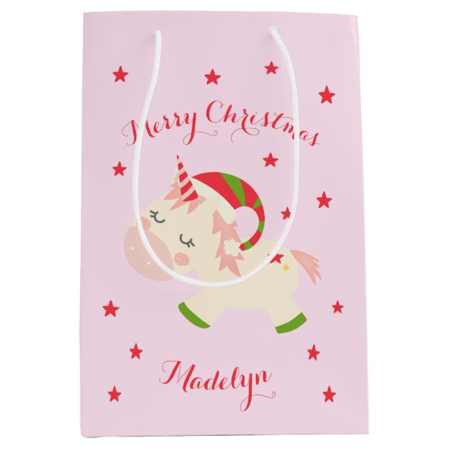 Pink Christmas Unicorn Holiday Personalized Medium Gift Bag (Front)