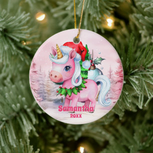 Pink Christmas Unicorn Kids Photo Ornament