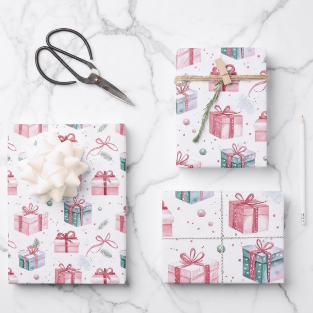 Pink Christmas Vintage Gift Packages Wrapping Paper Sheet (Front)
