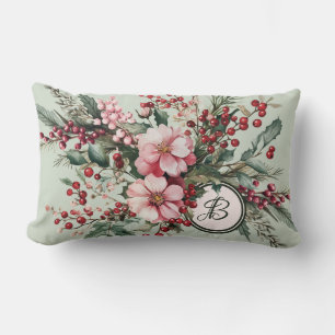 Pink Christmas Watercolor Floral Elegant Monogram Lumbar Pillow