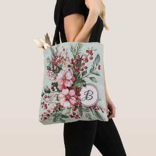 Pink Christmas Watercolor Floral Monogrammed Tote Bag
