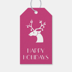 Pink Christmas White Reindeer Personalized Message Gift Tags