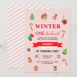 Pink Christmas Winter Onederland First Birthday Invitation