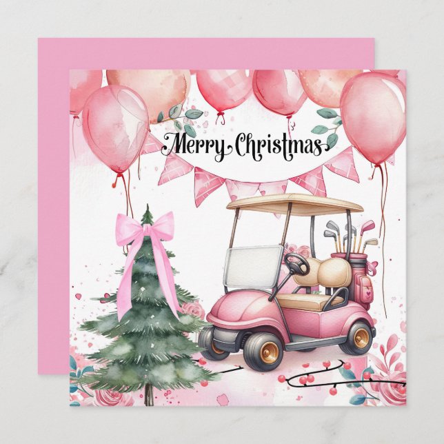 Pink  Christmas with golf  cart for golfer    Holiday Card (Front/Back)