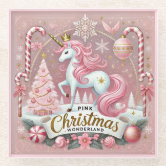 Pink Christmas Wonderland Unicorn Glass Coaster
