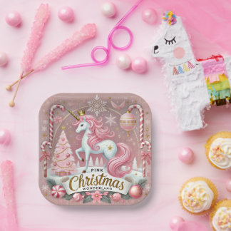 Pink Christmas Wonderland Unicorn  Paper Plate