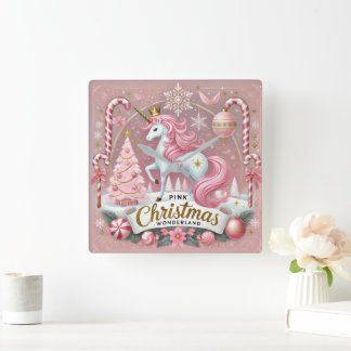 Pink Christmas Wonderland Unicorn Square Wall Clock