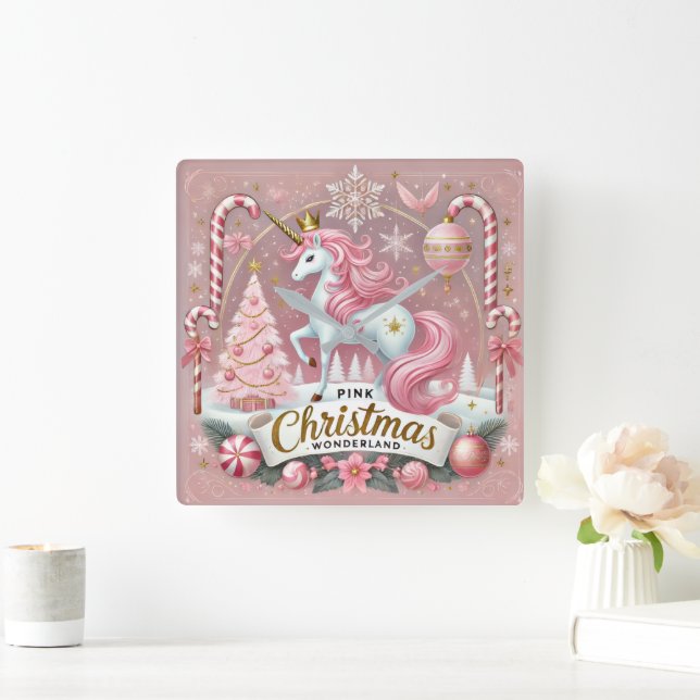 Pink Christmas Wonderland Unicorn Square Wall Clock (Home)