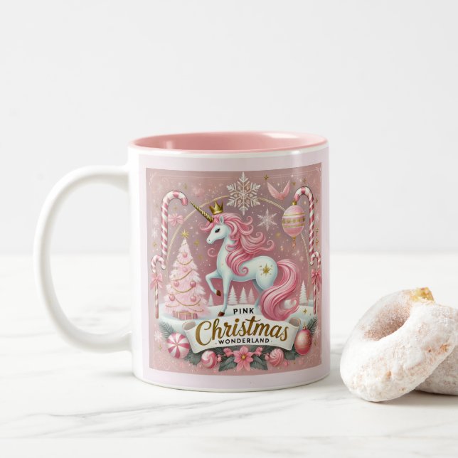 Pink Christmas Wonderland Unicorn Two-Tone Coffee Mug (With Donut)