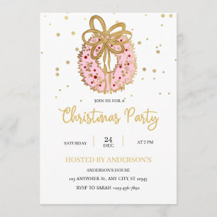 Pink Christmas Wreath With gold bow  Invitation