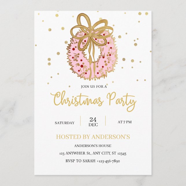 Pink Christmas Wreath With gold bow  Invitation (Front)