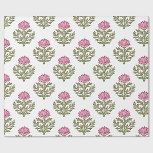 Pink Chrysanthemum Block Print, Christmas Wrapping Paper