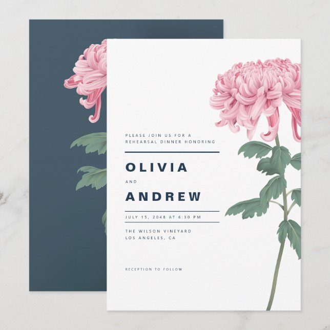Pink Chrysanthemum Botanical Rehearsal Dinner Invitation (Front/Back)