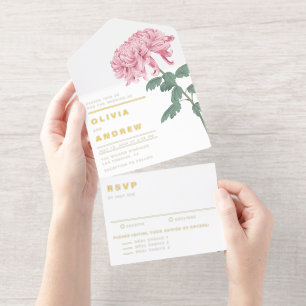 Pink Chrysanthemum Botanical Wedding All In One Invitation