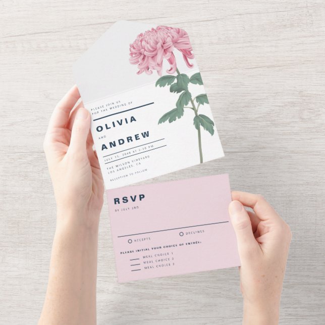 Pink Chrysanthemum Botanical Wedding All In One Invitation (Tearaway)