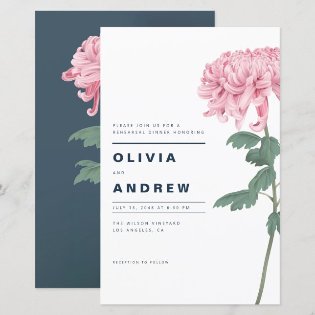 Pink Chrysanthemum Floral Rehearsal Dinner Invite (Front/Back)