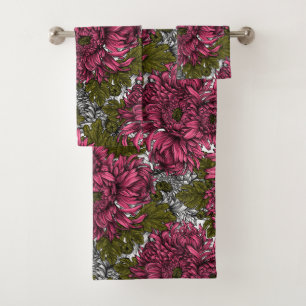 Pink chrysanthemum flowers bath towel set