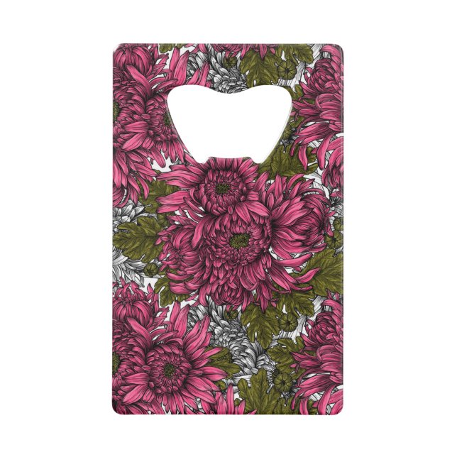 Pink chrysanthemum flowers credit card bottle opener (Front)