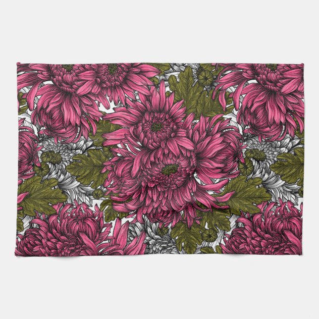Pink chrysanthemum flowers kitchen towel (Horizontal)