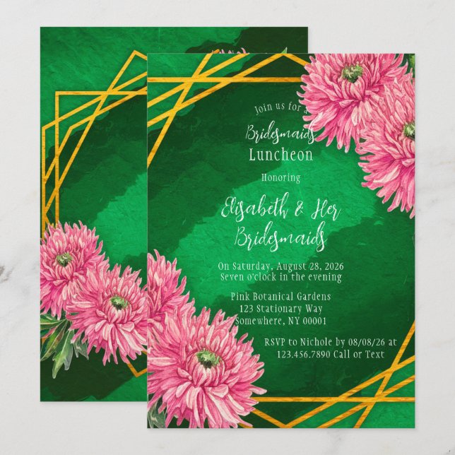 Pink Chrysanthemums Geometric Bridesmaids Luncheon Invitation (Front/Back)