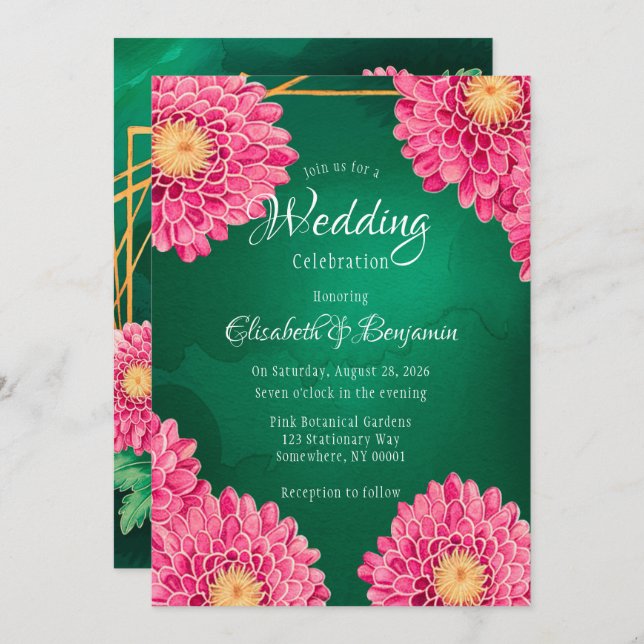 Pink Chrysanthemums Geometric Wedding Celebration Invitation (Front/Back)