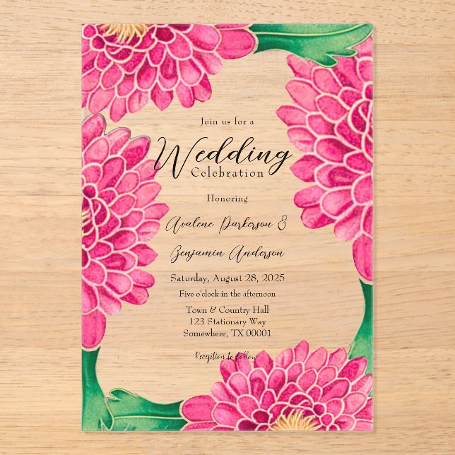 Pink Chrysanthemums Gold Geometric Painted Wedding Acrylic Invitations (Front)