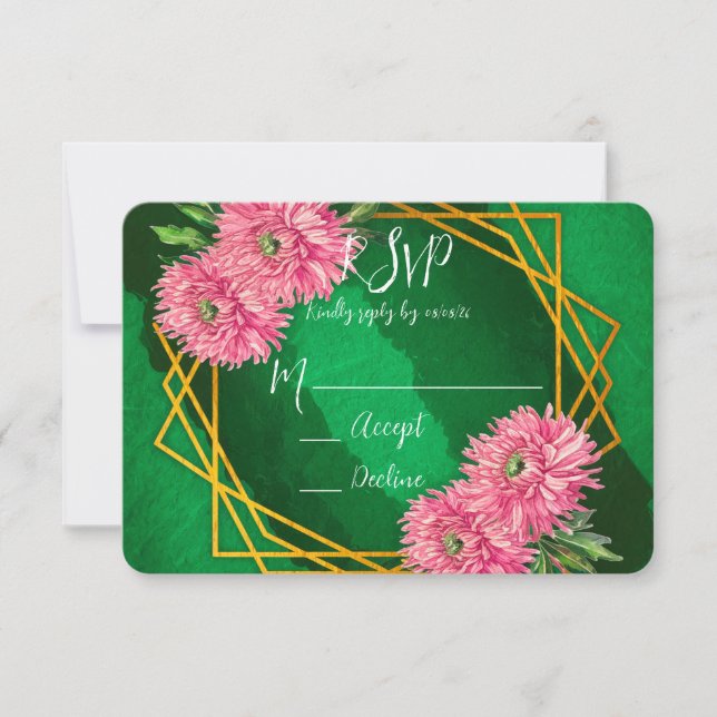 Pink Chrysanthemums Gold Geometric Wedding RSVP Card (Front)