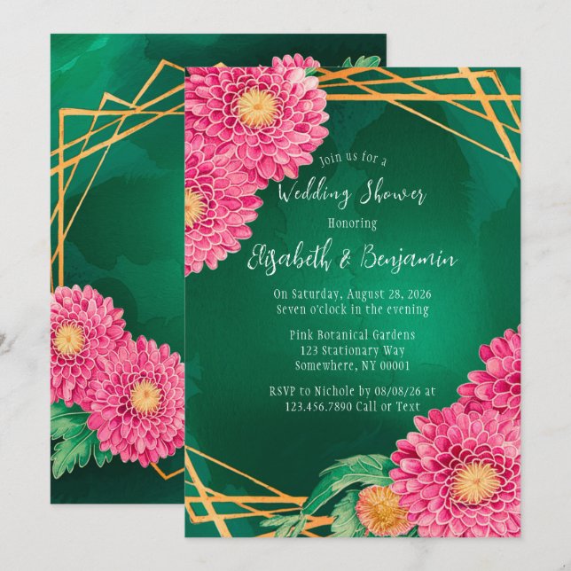 Pink Chrysanthemums Gold Geometric Wedding Shower Invitation (Front/Back)