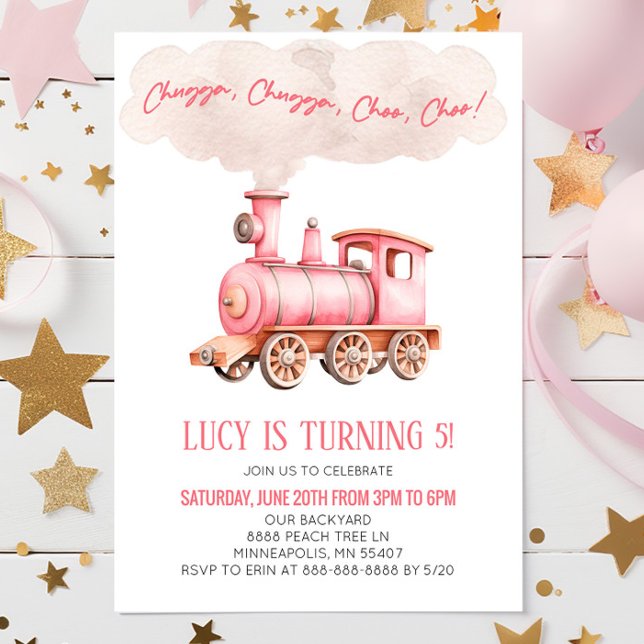 Pink Chugga Choo Choo Train Birthday Party Invitation (Creator Uploaded)