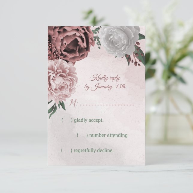 pink cinnamon rose white floral  RSVP card (Standing Front)