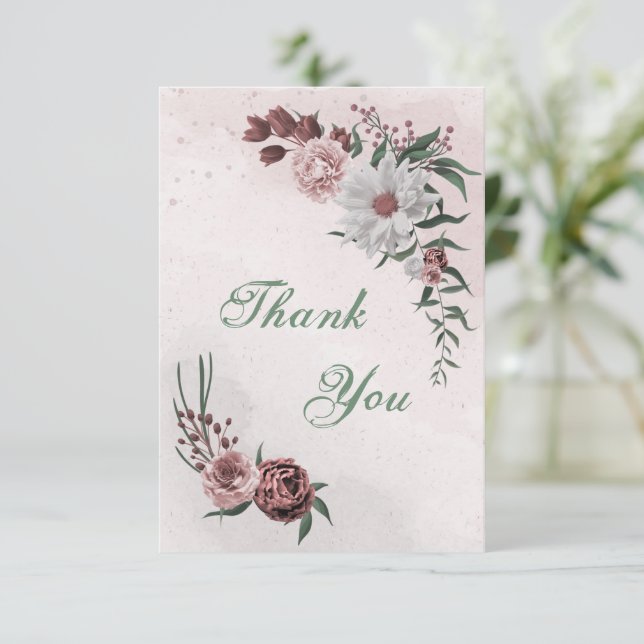 pink cinnamon rose white floral thank you card (Standing Front)