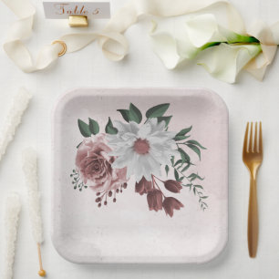 pink cinnamon rose white floral wedding paper plate