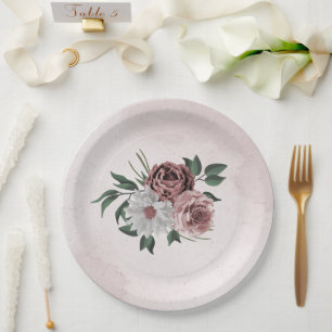  pink cinnamon rose white floral wedding paper plate