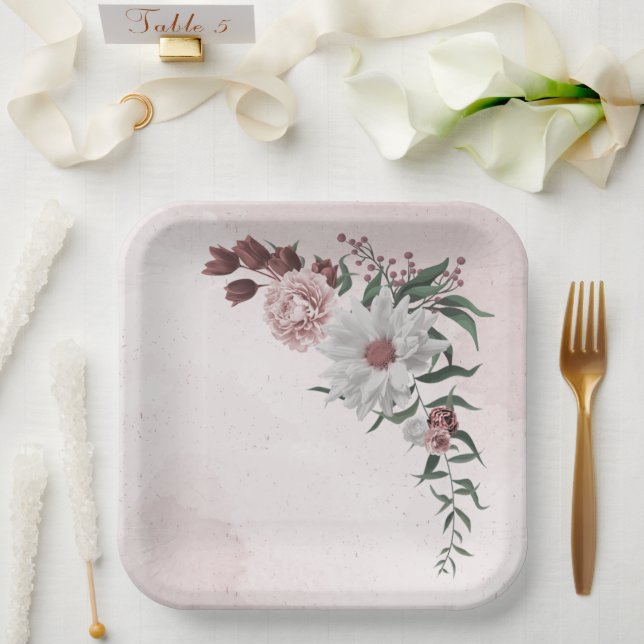  pink cinnamon rose white floral wedding paper plate (Wedding)