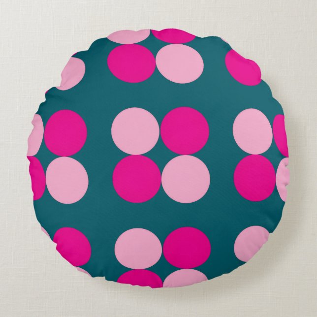Pink Circles on Green Round Pillow (Front)