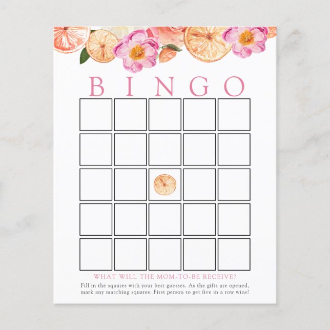 Pink Citrus Baby Bingo Game Card (Front)