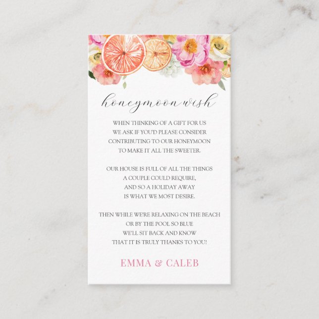 Pink Citrus Honeymoon Wish Fund Enclosure Card (Front)