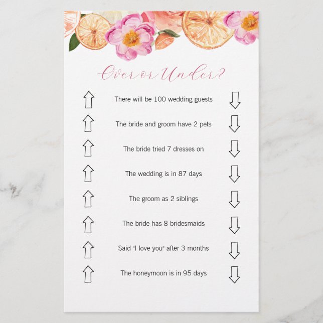 Pink Citrus Over or Under Bridal Shower Game  Flyer (Front)