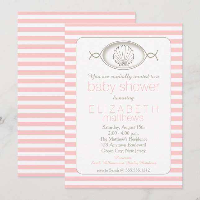 Pink Clamshell Striped Beach Theme Baby Shower Inv Invitation (Front/Back)