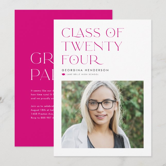 Pink Class of 2024 Modern Minimalist Graduation Invitation (Front/Back)