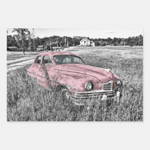 Pink Classic Car Wrapping Paper Sheet