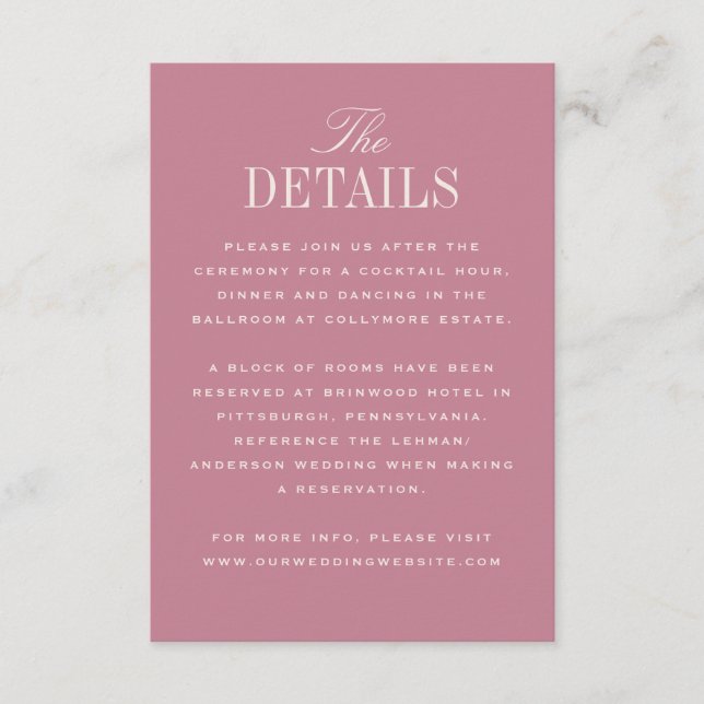 Pink Classic Elegance Wedding Details Enclosure Card (Front)