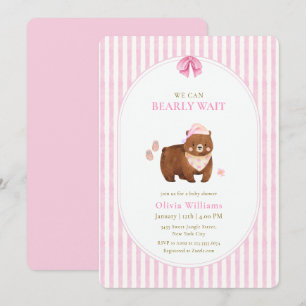 Pink Classic Stripe We Can Bearly Wait Baby Shower Invitation