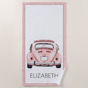 Pink Classic Vintage Buggy Bug Car Personalized Beach Towel