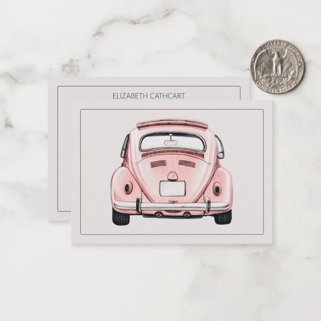 Pink Classic Vintage Buggy Bug Car Personalized Card (Front/Back In Situ)